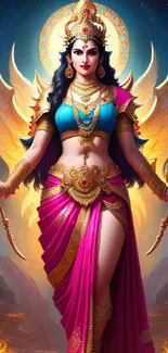 Goddess with wings in colorful attire on mystical background.