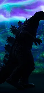 Godzilla silhouette with colorful aurora-like background.