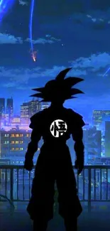 Silhouette of Goku against city night sky with shooting stars