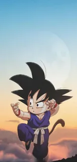 Goku in blue outfit jumping against a twilight sky background.