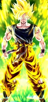 Goku in Super Saiyan form with glowing green and yellow energy background.