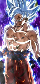 Goku in Ultra Instinct form with intense energy aura.