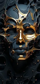 Dark abstract mask with gold accents.