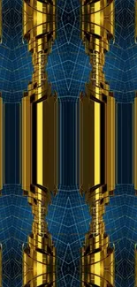 Abstract geometric gold and blue pattern wallpaper.