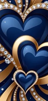 Blue and gold heart wallpaper with diamonds.