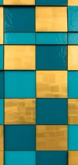 Gold and blue tile pattern mobile wallpaper.