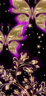 Luxurious gold butterflies with purple glow on a floral black background.