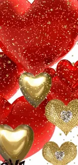 Wallpaper with gold and red hearts for romantic theme.