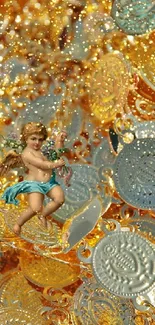 Gold and silver coin wallpaper with cherub art design.