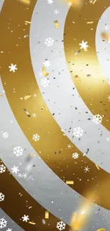 Gold spirals with snowflakes on a festive wallpaper.