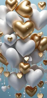 Gold and white heart shapes on a blue background.