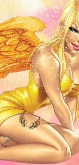 Fantasy art of a golden angel with shimmering wings and a radiant presence.