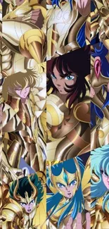 Collage of anime characters in gold armor with vibrant colors.