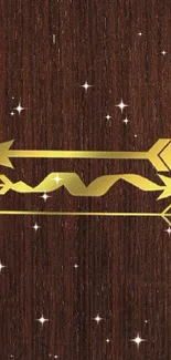 Gold arrows on rich brown wood background for phone wallpaper.