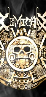 Golden Aztec skull on black background.