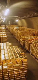 Stacks of gold bars in dimly lit vault.