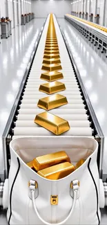 Gold bars on conveyor belt with bag.