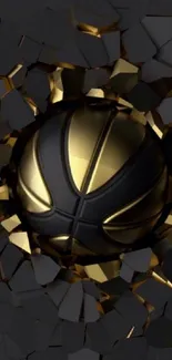 Gold basketball breaking through dark surface wallpaper.