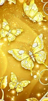 Luxurious gold wallpaper with butterflies and roses.