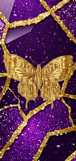 Gold butterfly on purple crystal with glitter.