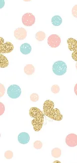 Gold butterflies and pastel polka dots on white background.