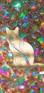 Golden cat on a colorful gemstone background wallpaper.