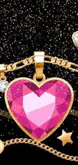 Gold chains and gemstone heart mobile wallpaper with star accents.