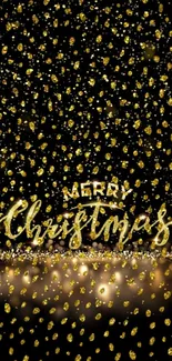 Elegant gold Christmas wallpaper with sparkling text and festive pattern.