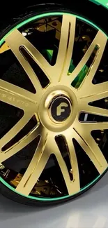 Gold chrome car wheel with luxurious design.