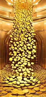 Golden coins cascade in an opulent vault setting.
