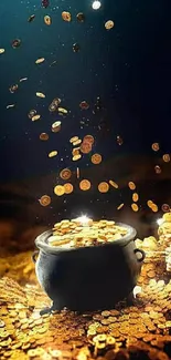 Mobile wallpaper with overflowing pot of gold coins against a dark background.