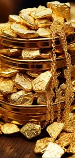 Stack of gold coins with gold chains covering them.