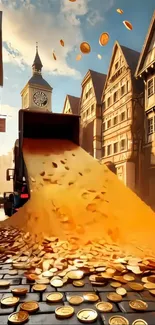 Gold coins pouring in a market street scene with historic buildings.