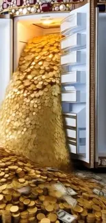 Refrigerator overflowing with gold coins and cash, symbolizing immense wealth.