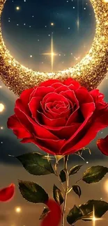 Golden crescent and red rose with sparkling stars.