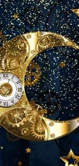 Gold crescent clock with stars on navy background.