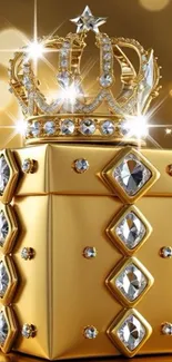Golden gift box with crown and diamonds.