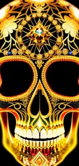 Artistic gold skull design on black background, ornate style mobile wallpaper.