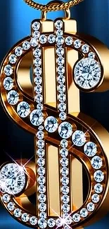 Gold dollar sign with diamonds on a blue background.