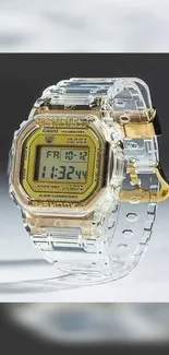 Transparent digital watch with gold accents, set on a sleek surface.