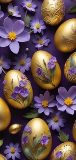 Golden eggs surrounded by purple flowers on a vibrant background.