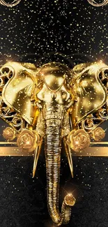 Gold elephant design on black wallpaper.