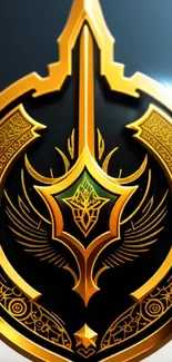 Golden emblem with intricate designs on a dark mobile wallpaper.