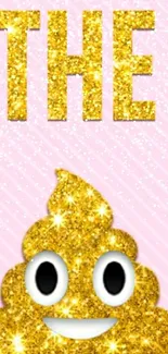 Gold glitter poop emoji on pink striped background wallpaper.