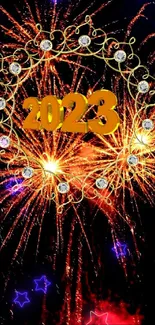 Festive 2023 fireworks with golden details and vibrant colors.