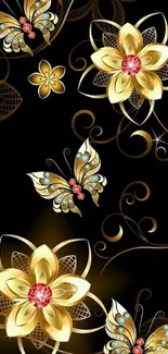 Gold flowers and butterflies on a black background mobile wallpaper.