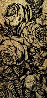 Luxurious gold floral wallpaper with intricate black designs.