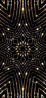 Gold geometric star pattern on black background wallpaper.