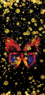 Gold glittered butterfly with vibrant hues on a black background.