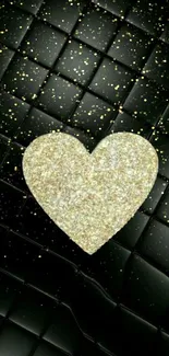 Gold glitter heart on black quilted background wallpaper.